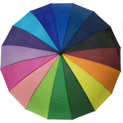 16 Colores Rainbow Paraguas Arco de metal mango de madera Pongee cubierta
