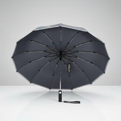 Paraguas de viaje automático grande con diámetro abierto de 105 cm, varillas de fibra de vidrio y ribete reflectante