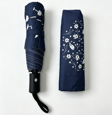 Navy Blue White Bird Floral Print Automático 3 Plegable Paraguas Anti UV Inmune a la lluvia Sol Paraguas para mujeres Viajes diarios Viajes al trabajo