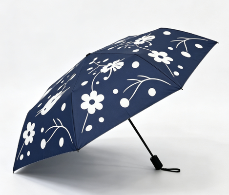 Navy Blue White Bird Floral Print Automático 3 Plegable Paraguas Anti UV Inmune a la lluvia Sol Paraguas para mujeres Viajes diarios Viajes al trabajo