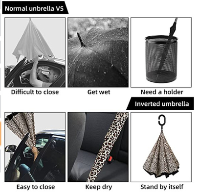 Paraguas invertido reverso de encargo de la capa doble del marco de la fibra de vidrio con la manija de la forma de C