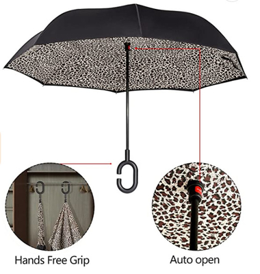 Paraguas invertido reverso de encargo de la capa doble del marco de la fibra de vidrio con la manija de la forma de C
