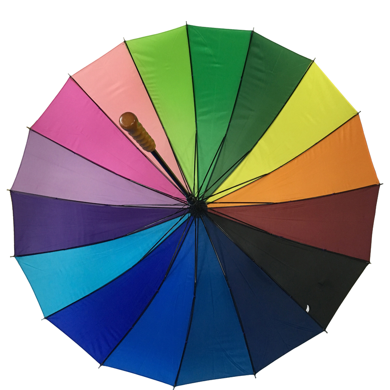 16 Colores Rainbow Paraguas Arco de metal mango de madera Pongee cubierta