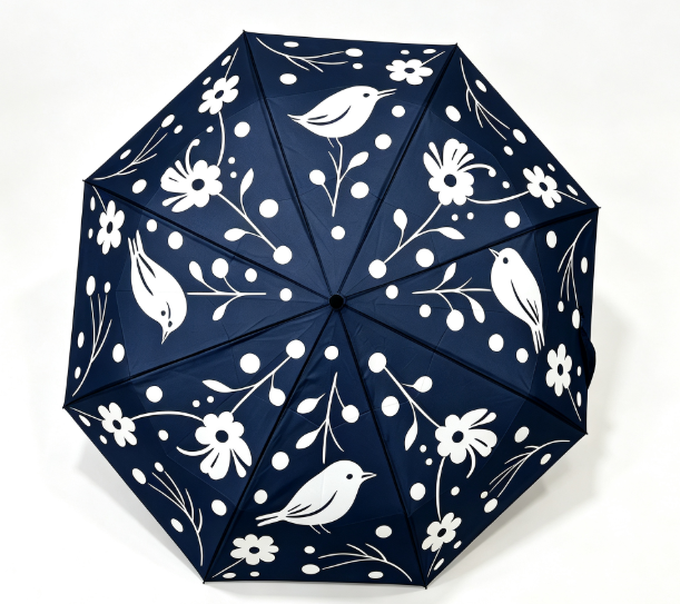 Navy Blue White Bird Floral Print Automático 3 Plegable Paraguas Anti UV Inmune a la lluvia Sol Paraguas para mujeres Viajes diarios Viajes al trabajo
